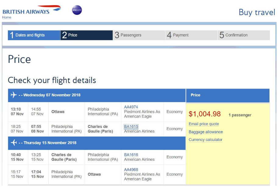 British Airways Flight Options