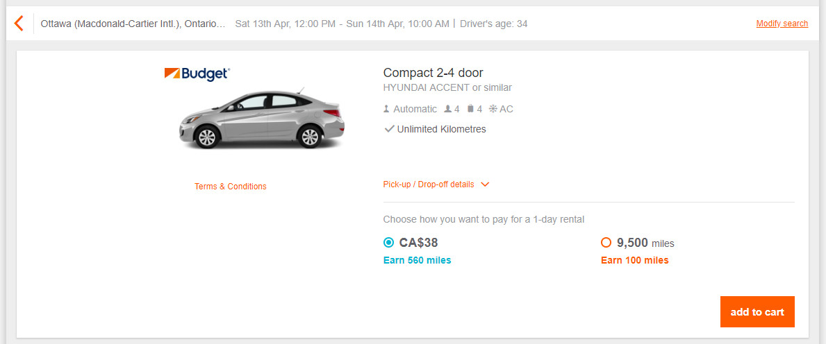 Typical Aeroplan car rental booking