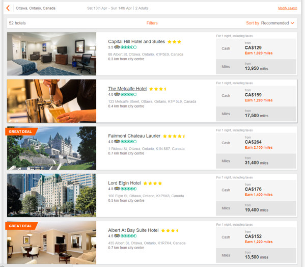 Typical Aeroplan hotel search results