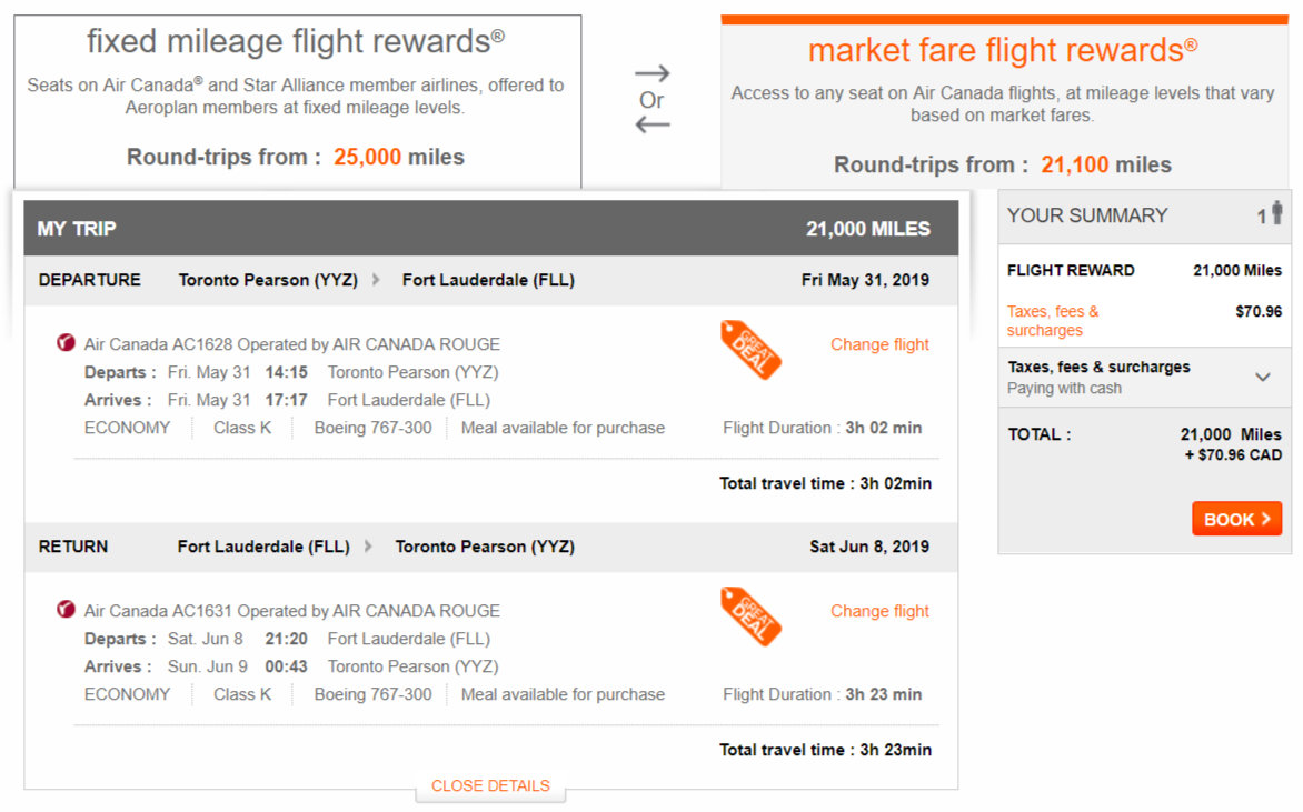 Toronto to Fort Lauderdale Aeroplan redemption