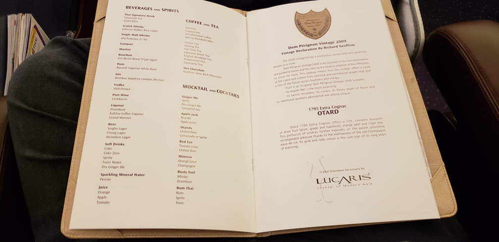 Thai Airways drinks menu