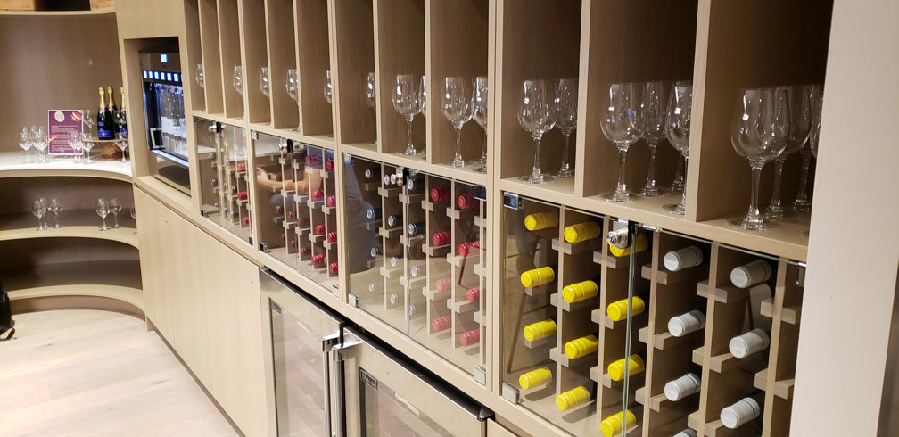 British Airways First Class Lounge large wine selection @ JFK airport