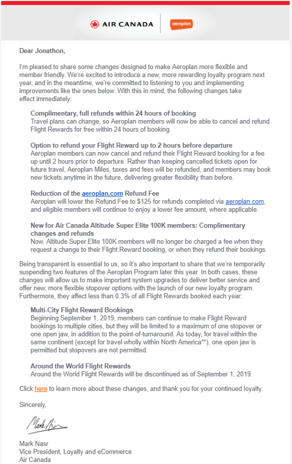 Aeroplan refund changes email