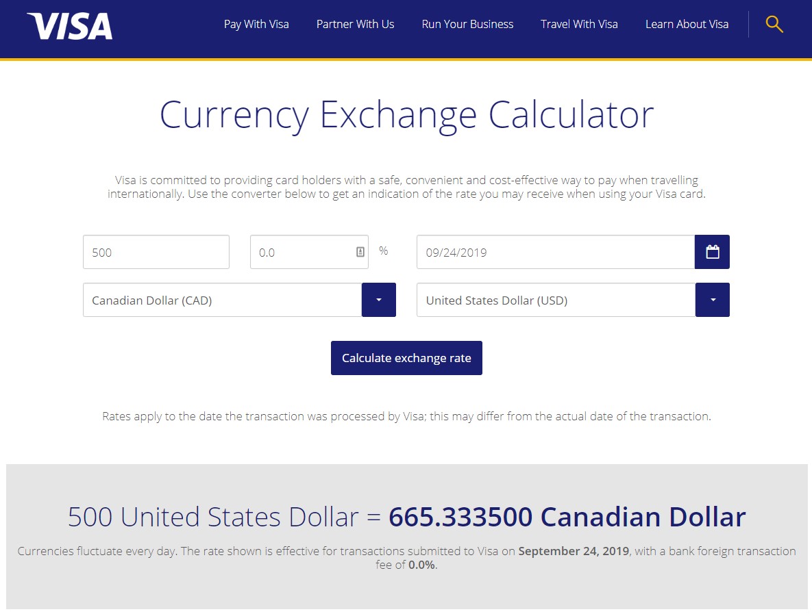 Visa exchange rate for $500 USD