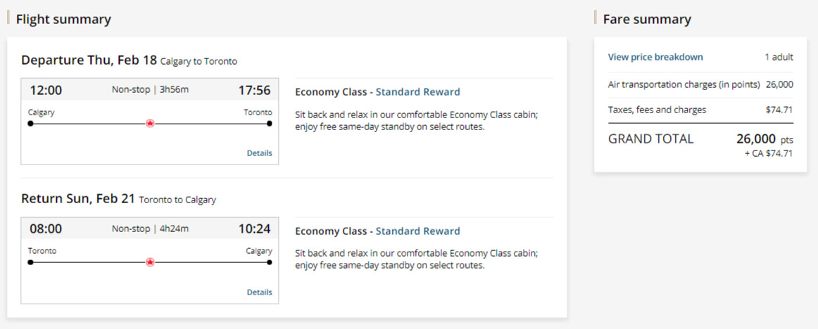 Example Aeroplan flight from Calgary to Toronto