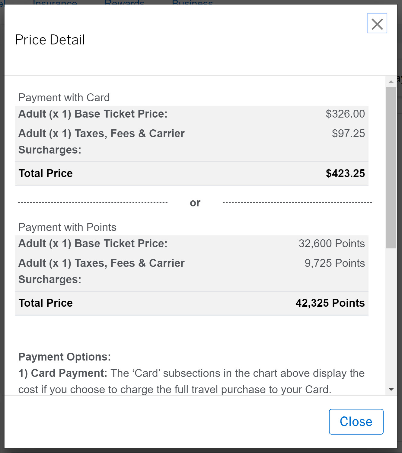 Amex travel example cost breakdown