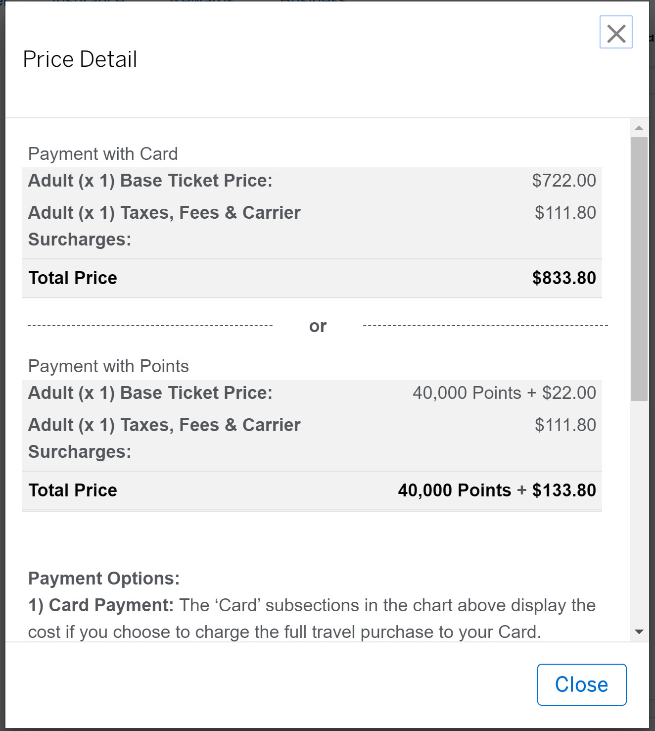 Amex travel example cost breakdown