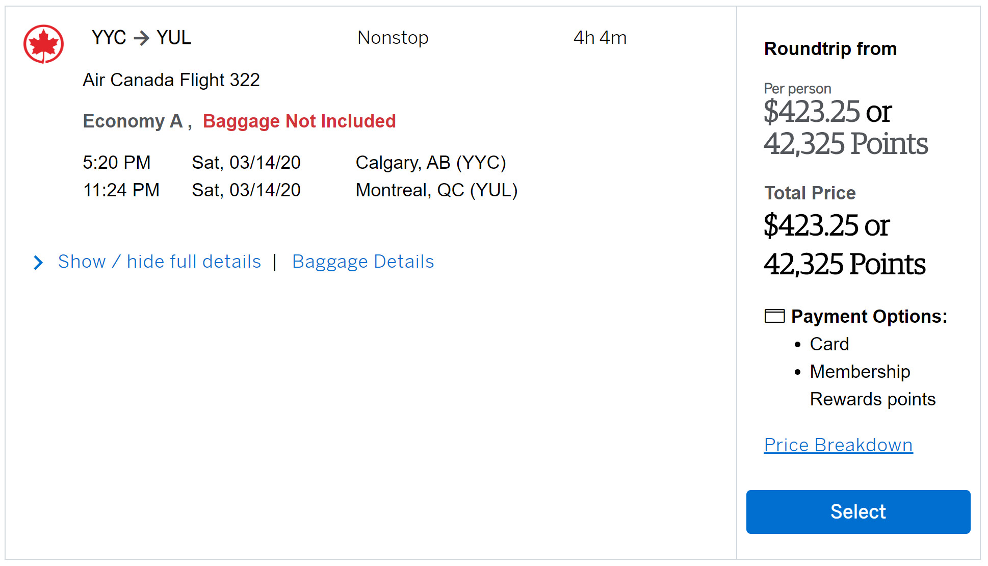 Amex Travel typical search result using the Fixed Points Program.