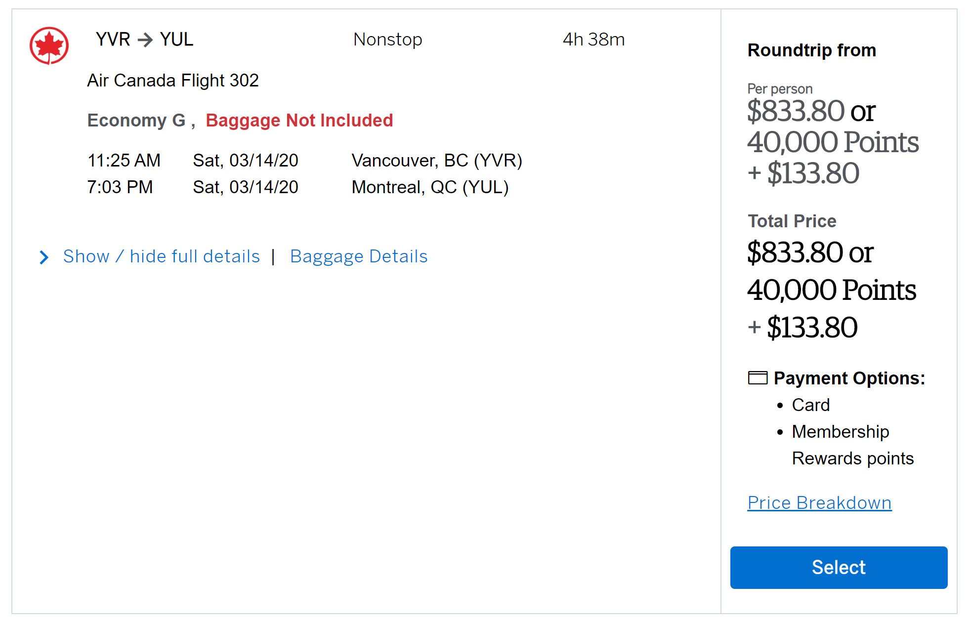 Amex Travel typical search result using the Fixed Points Program.