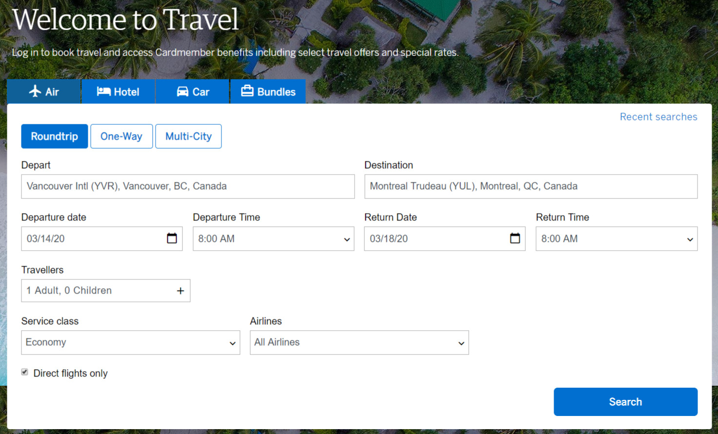 Amex travel search bar