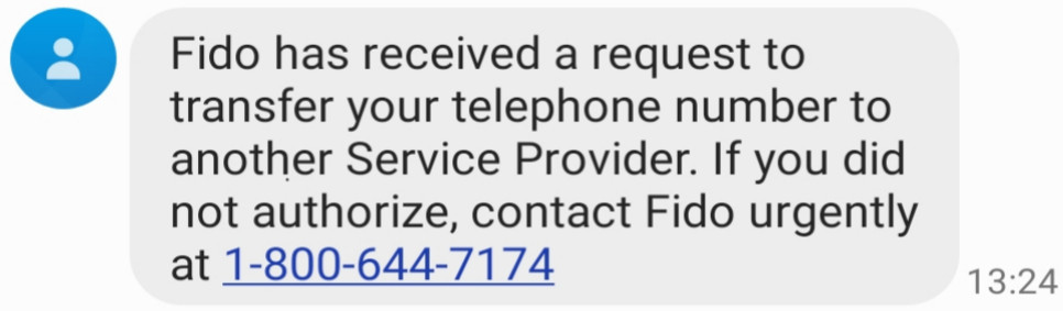 Text message alert from Fido