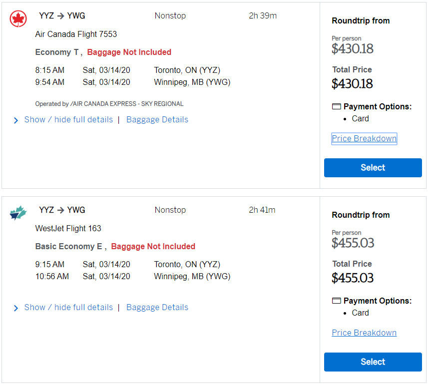 Fixed Points Travel example results from Toronto to Winnipeg