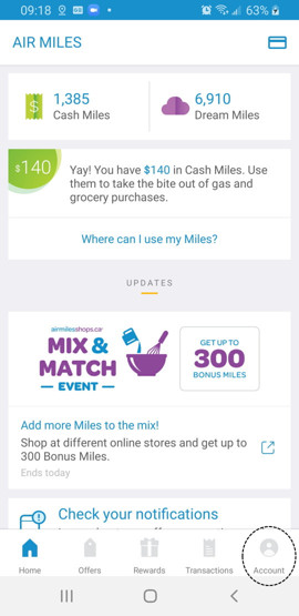 AIR MILES app home screen