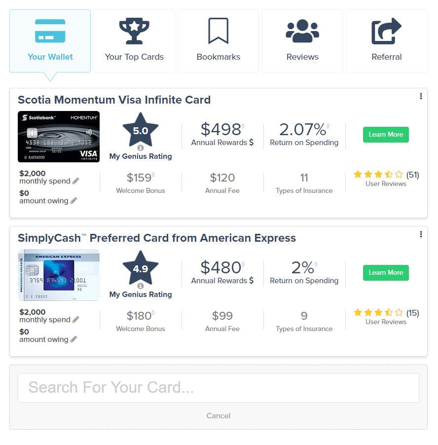 Comparing credit cards on your dashboard