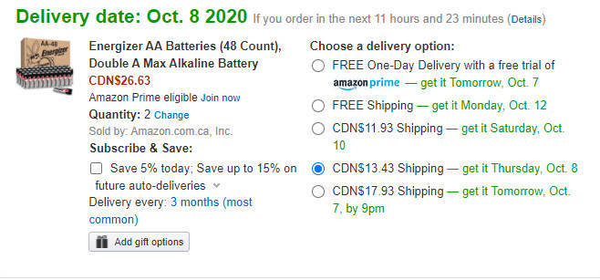 Amazon Batteries Free and Paid Shipping Options