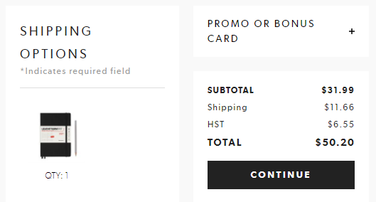 Indigo Shipping Options and Promo Card