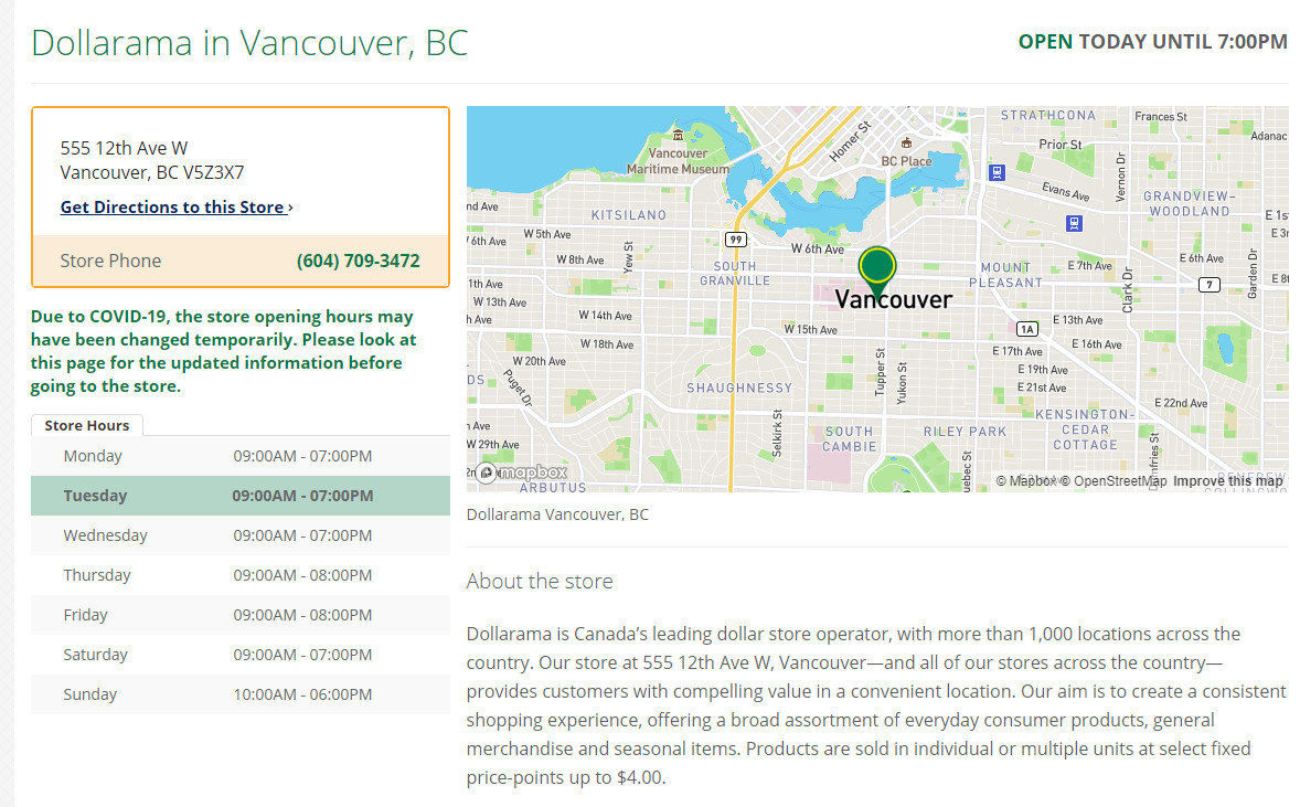 Dollarama Store Hours in Vancouver British Columbia