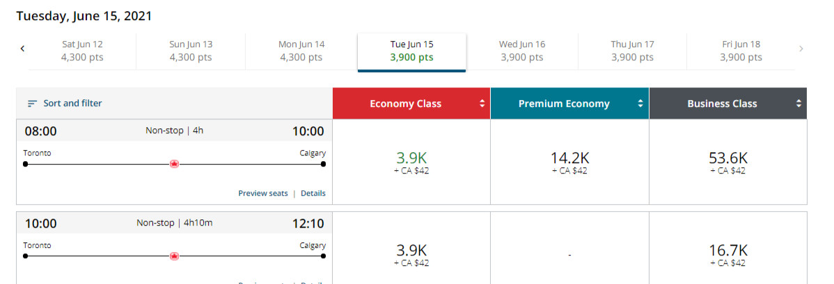 New Aeroplan Calendar for a Flight between Toronto and Calgary