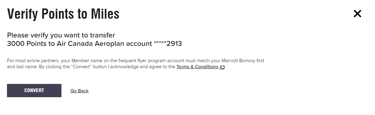 Converting Marriott Bonvoy points to airlines partners confirmation