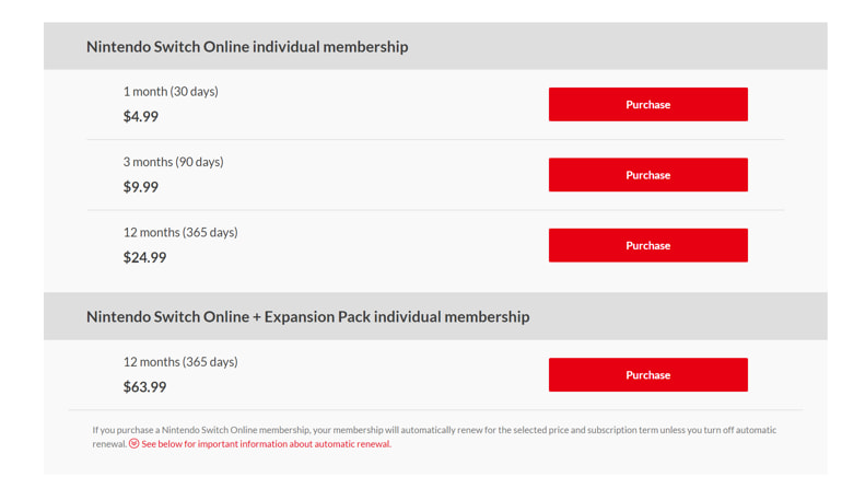 Monthly pricing for Nintendo Switch online