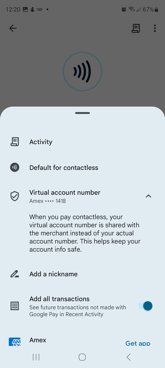 Card settings in Google Wallet