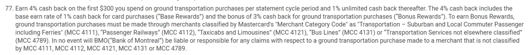 BMO CashBack World Elite Mastercard transit details