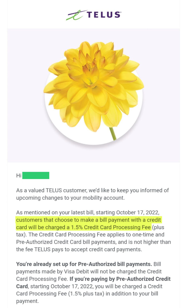 Telus Credit Card Service Fee Increase Email