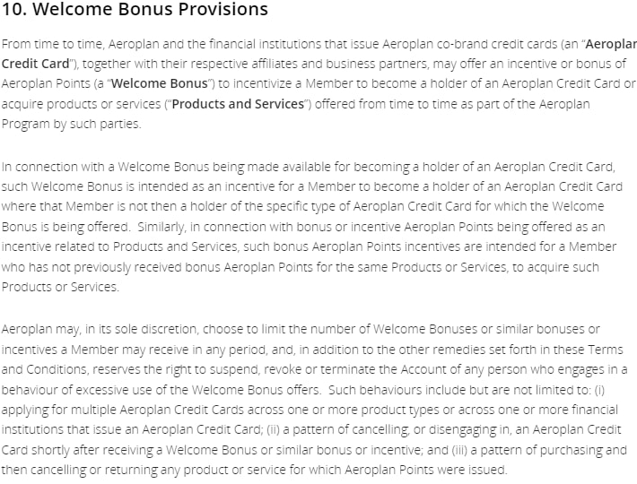 Terms on Aeroplan credit cards