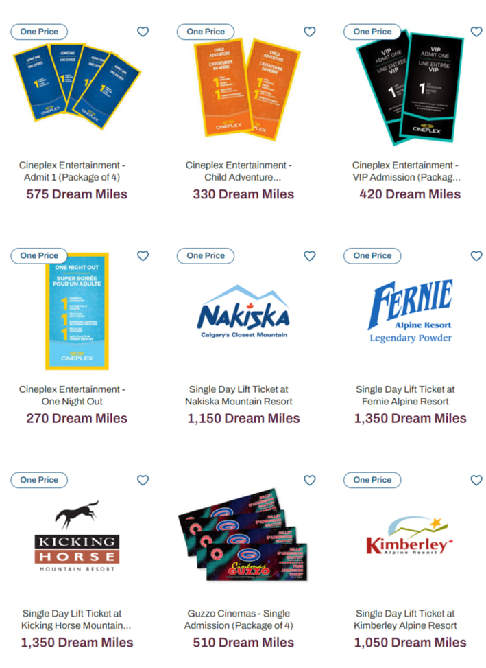 Sampling of Air Miles experiences