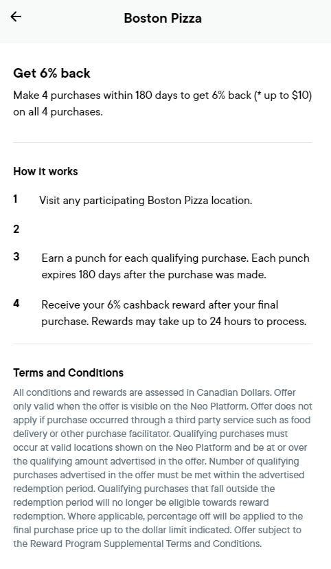 Neo Card Boston Pizza offer terms