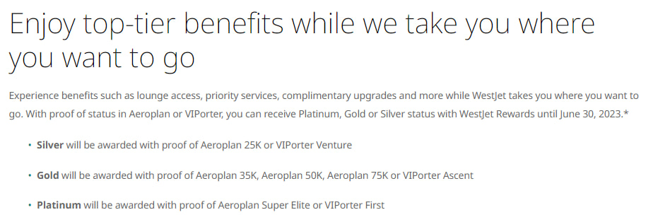 WestJet Elite status match with Air Canada and Porter