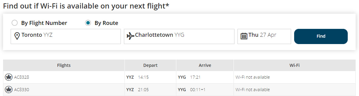 Air Canada Toronto Charlottetown wifi availability 2