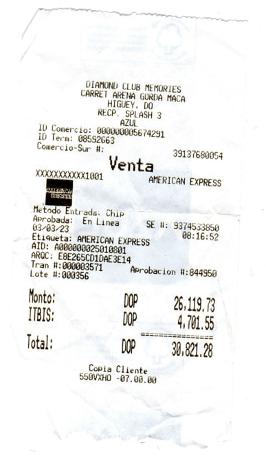 Credit card receipt for hotel night