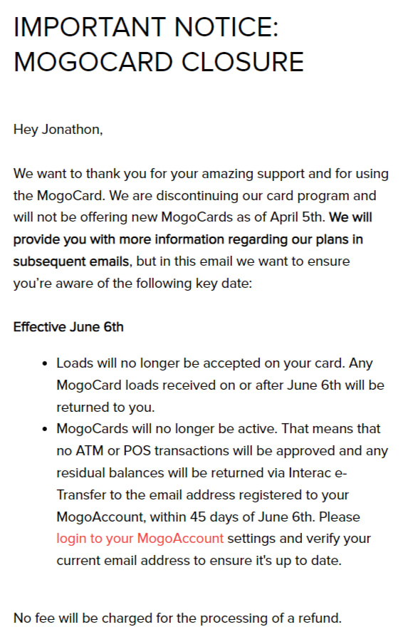 Mogo email detailing the MogoCard being discontinued