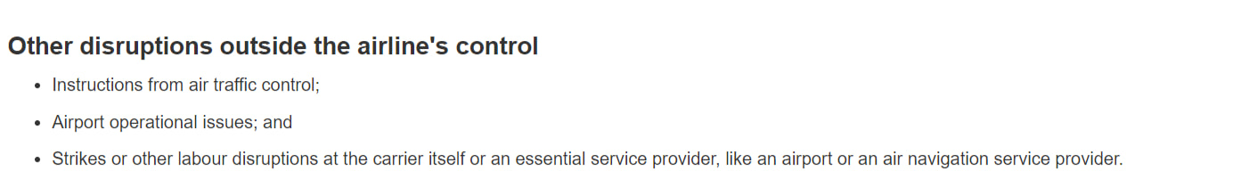 CTA definition of disruptions not in an airlines control