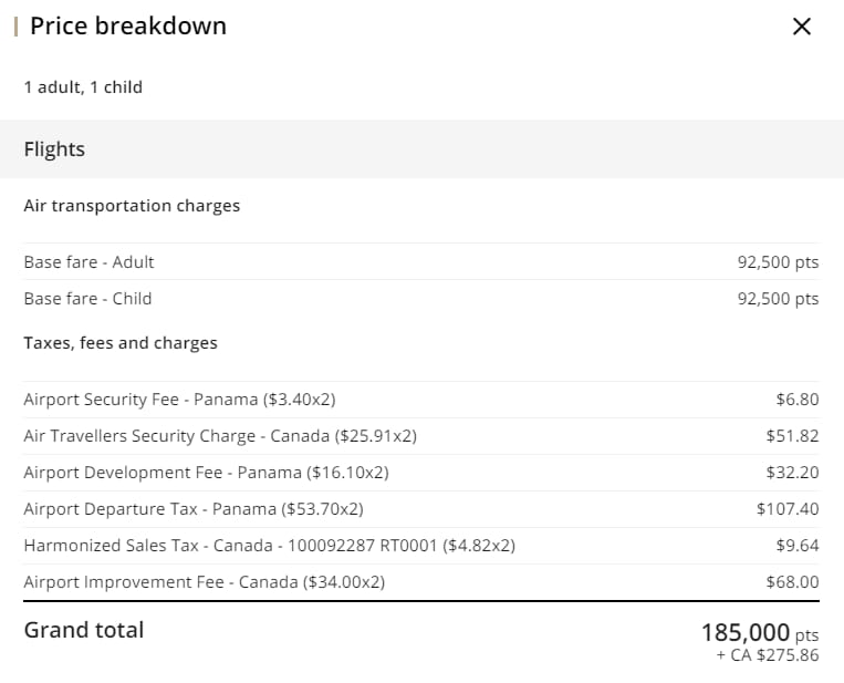 Sample Aeroplan costs for a flight from Charlottetown to Panama