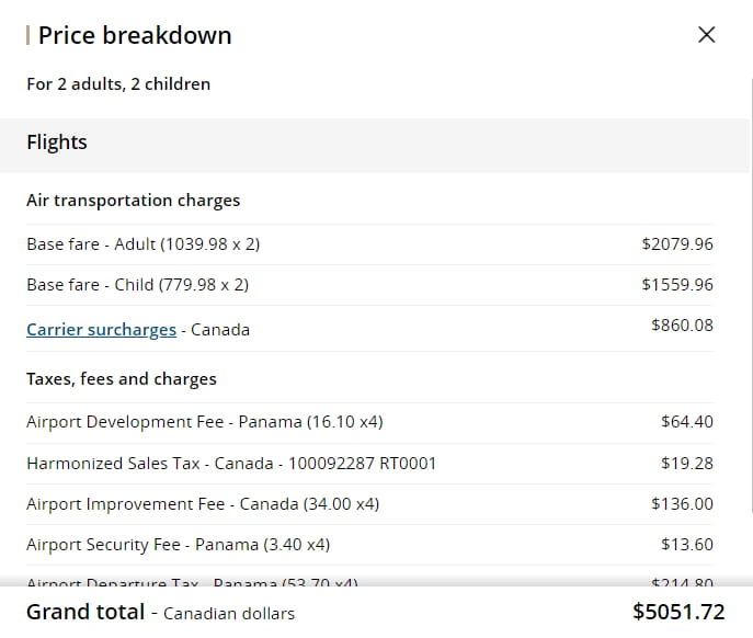 Sample Air Canada costs for a flight from Charlottetown to Panama