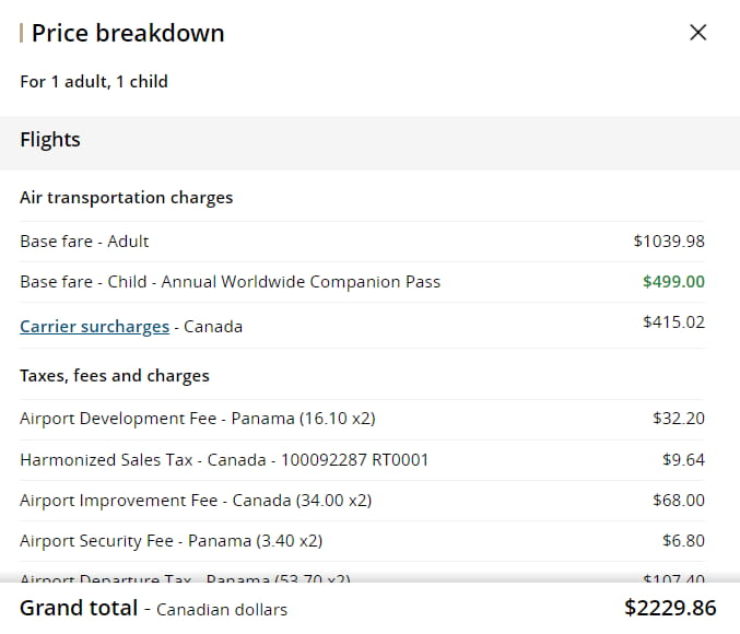 Sample Air Canada costs with a voucher for a flight from Charlottetown to Panama
