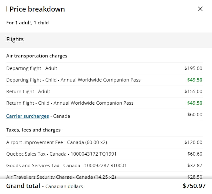 Sample Air Canada costs with voucher for a flight from Montreal to Vancouver