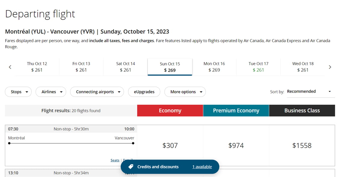 Sample Air Canada results for a flight from Montreal to Vancouver