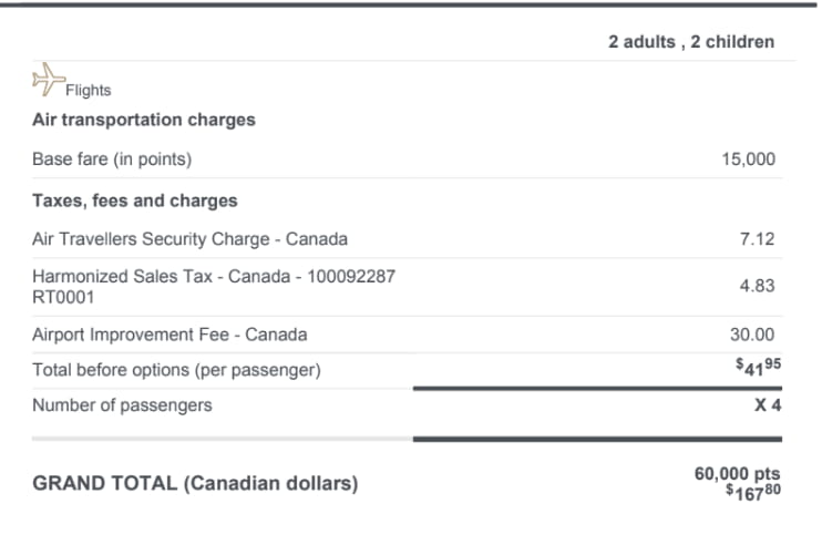 Aeroplan cost for a past trip