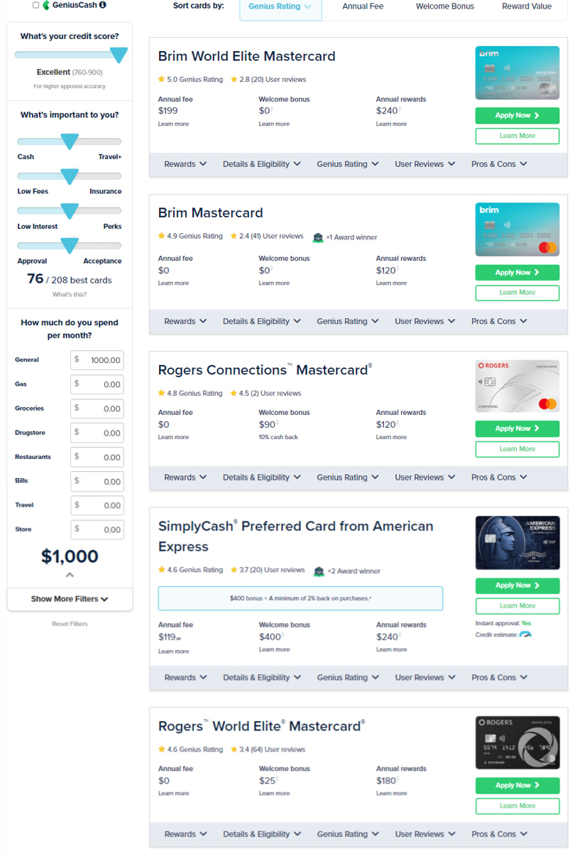 Using the compare cards apge to select a credit card for weddings