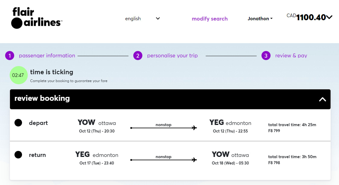 Sample flight cost for Flair Airlines
