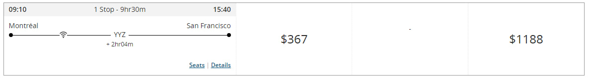 Flight cost between Montreal to San Francisco
