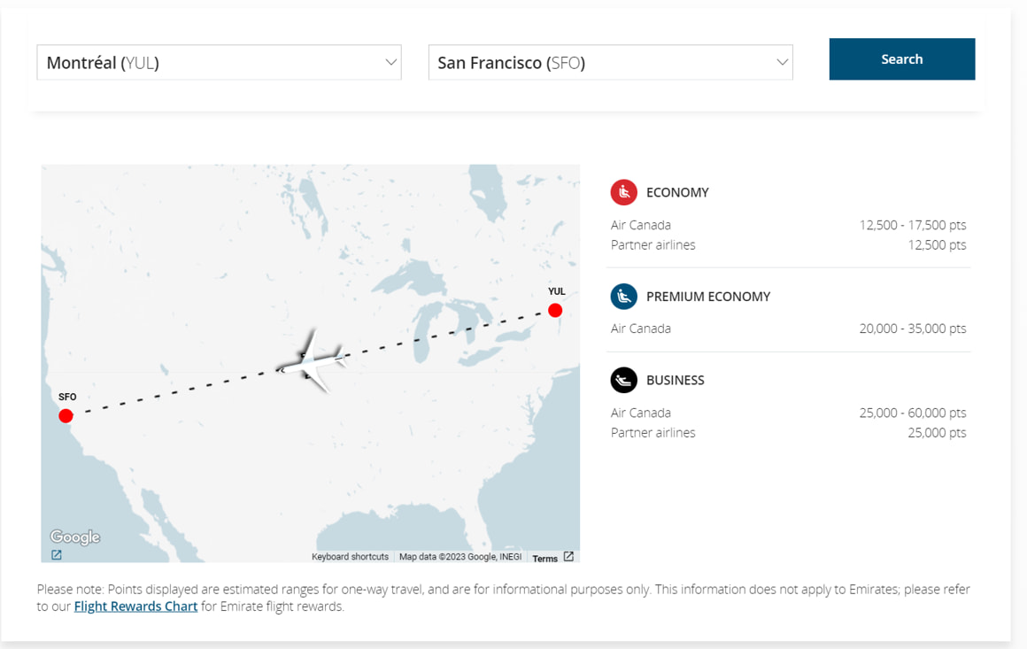 Montreal to San Francisco Aeroplan points required