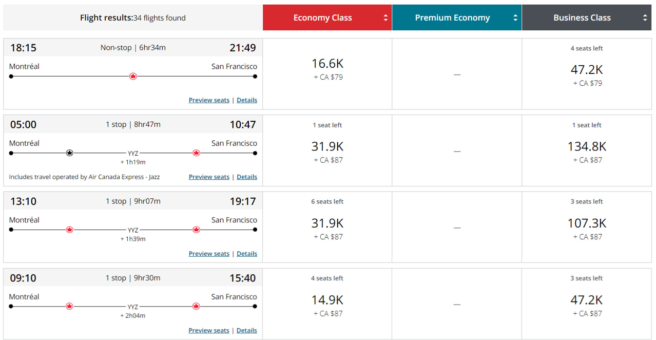 Example flight between Montreal to San Francisco