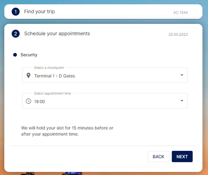 Selecting a time for a YYZ express security booking