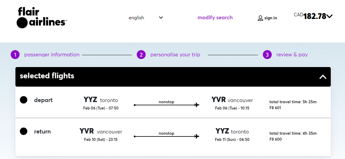 Flair flight from Toronto to Vancouver