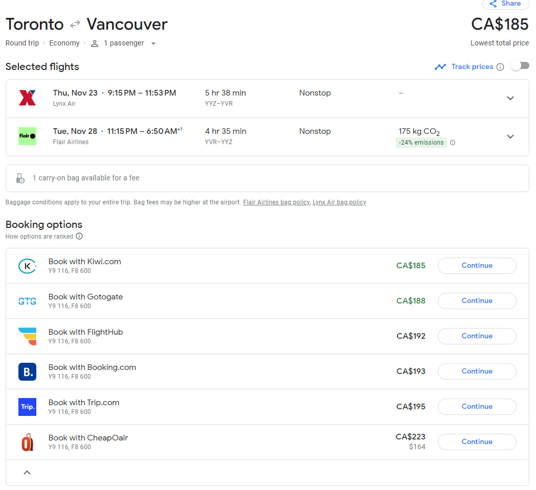 Flight booking on Google Flights from Toronto to Vancouver