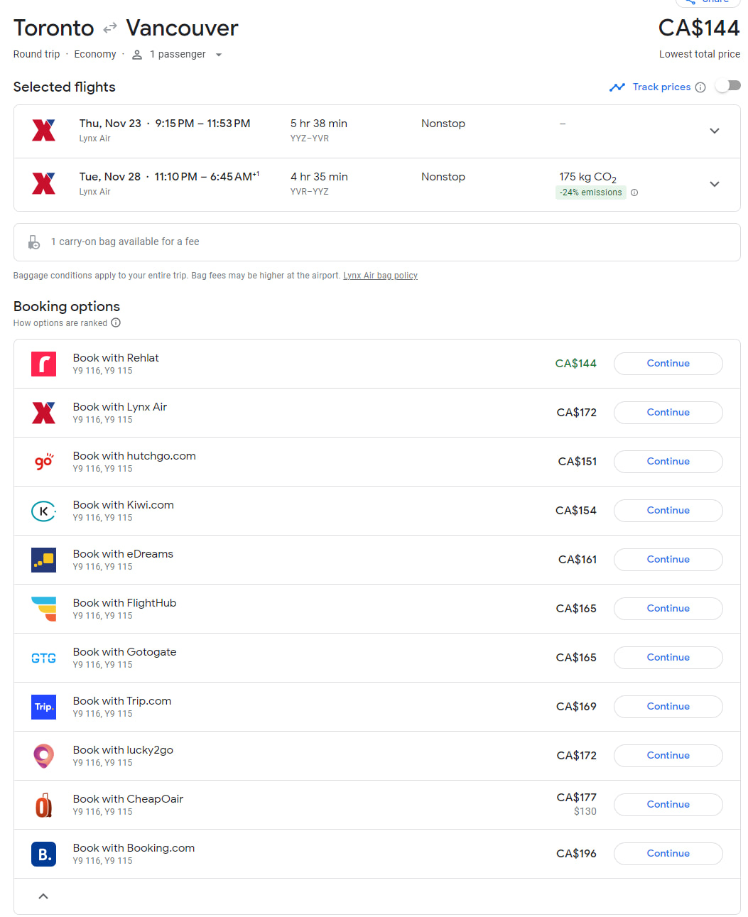 Flight booking on Google Flights from Toronto to Vancouver